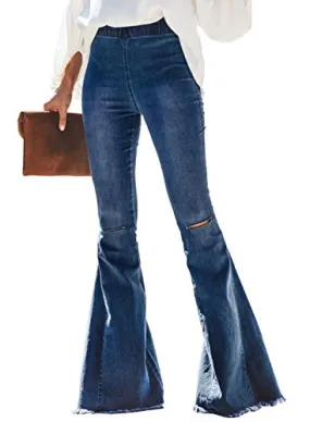 Sidefeel Women Destoryed Flare Jeans Elastic Waist Bell Bottom Tassel Denim Pants Large Sky Blue