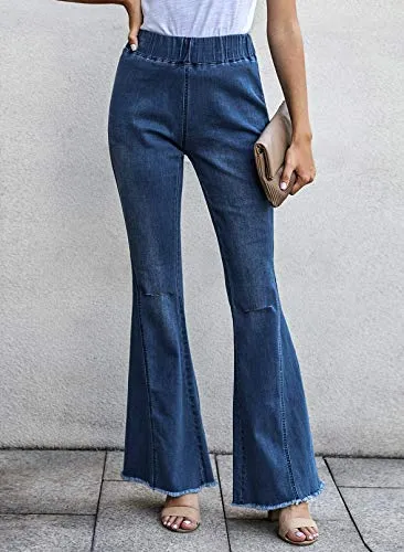 Sidefeel Women Destoryed Flare Jeans Elastic Waist Bell Bottom Tassel Denim Pants Large Sky Blue