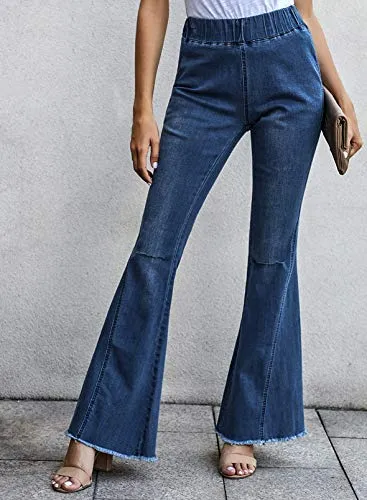 Sidefeel Women Destoryed Flare Jeans Elastic Waist Bell Bottom Tassel Denim Pants Large Sky Blue