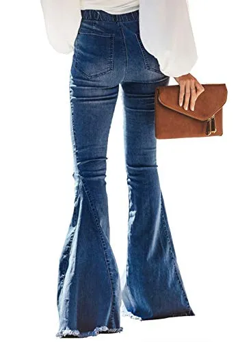 Sidefeel Women Destoryed Flare Jeans Elastic Waist Bell Bottom Tassel Denim Pants Large Sky Blue