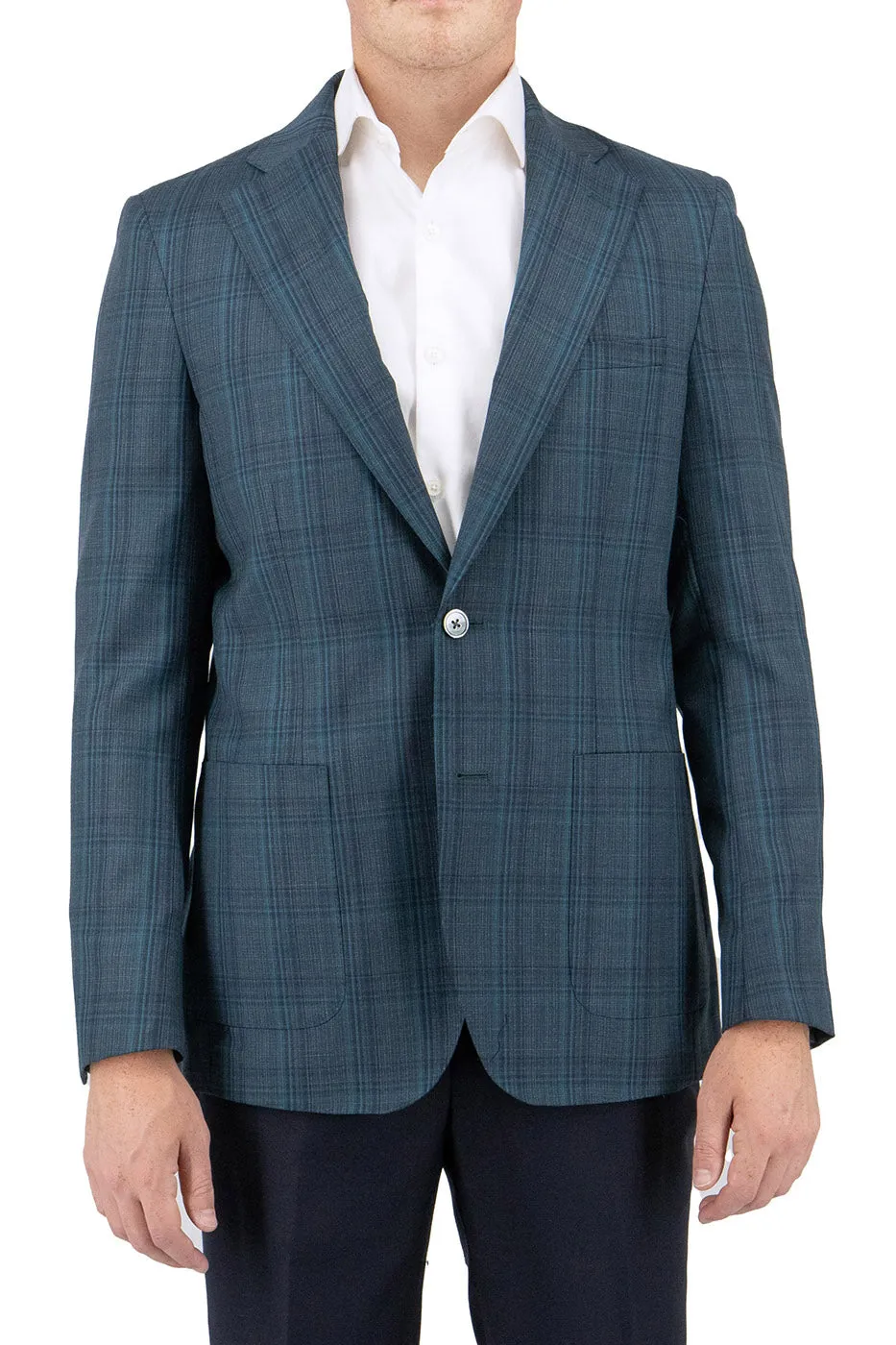 Turquoise Green with Windowpane Veneto/THP Slim Fit Half Lined, Pure Wool Jacket by Tiglio Luxe