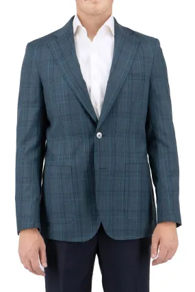 Turquoise Green with Windowpane Veneto/THP Slim Fit Half Lined, Pure Wool Jacket by Tiglio Luxe