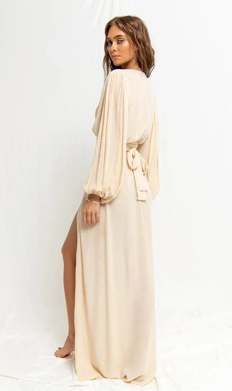 Uniwim Elegant Sexy Dress for Women Lantern Sleeve Deep V-neck Cut Out Beach Style Split Hem Boho Vintage Casual Vintage Midi Dress