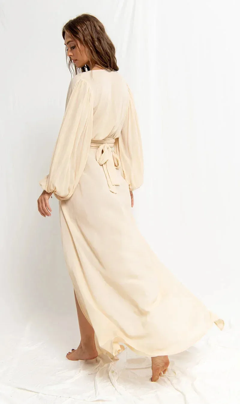 Uniwim Elegant Sexy Dress for Women Lantern Sleeve Deep V-neck Cut Out Beach Style Split Hem Boho Vintage Casual Vintage Midi Dress