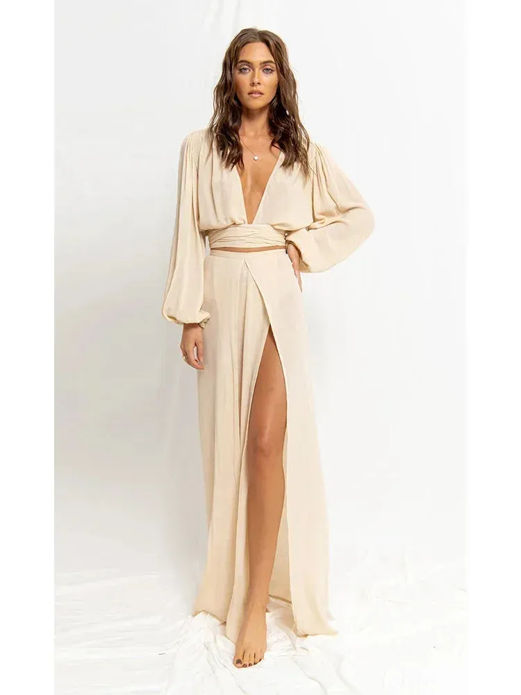 Uniwim Elegant Sexy Dress for Women Lantern Sleeve Deep V-neck Cut Out Beach Style Split Hem Boho Vintage Casual Vintage Midi Dress