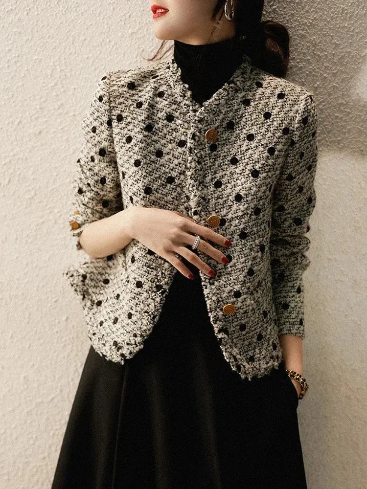 Vintage V-neck Korean Style Tweed Women's Wool Short Jacket: Classic and Elegant High Street Fashion for Autumn Winter