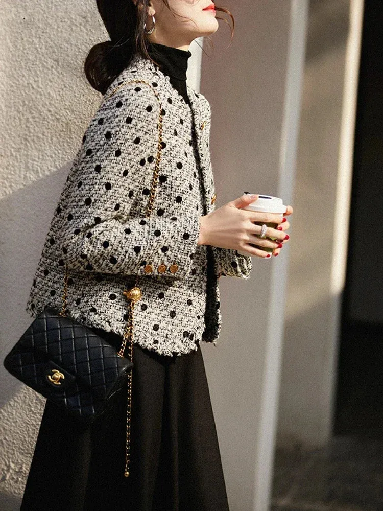 Vintage V-neck Korean Style Tweed Women's Wool Short Jacket: Classic and Elegant High Street Fashion for Autumn Winter