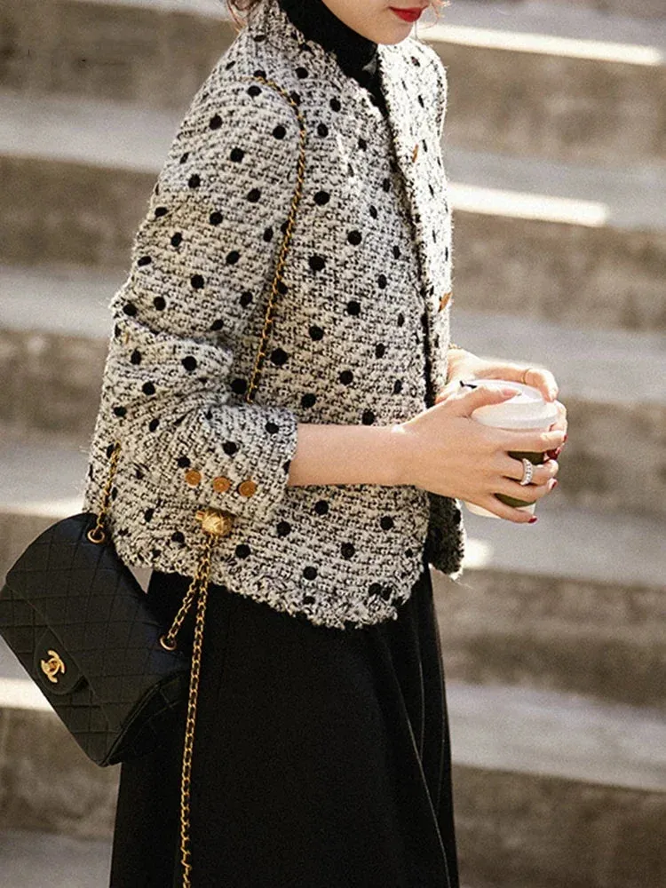 Vintage V-neck Korean Style Tweed Women's Wool Short Jacket: Classic and Elegant High Street Fashion for Autumn Winter