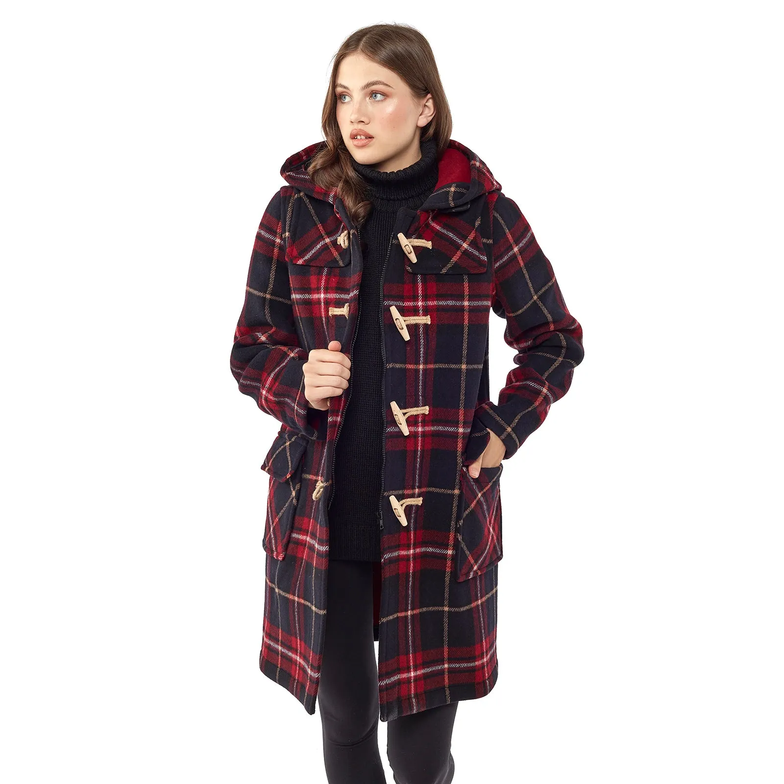 Women's Classic Fit Duffle Coat with Wooden Toggles - Burgundy Check