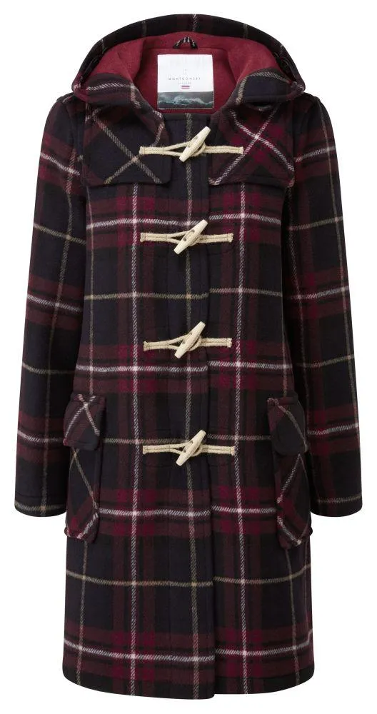 Women's Classic Fit Duffle Coat with Wooden Toggles - Burgundy Check