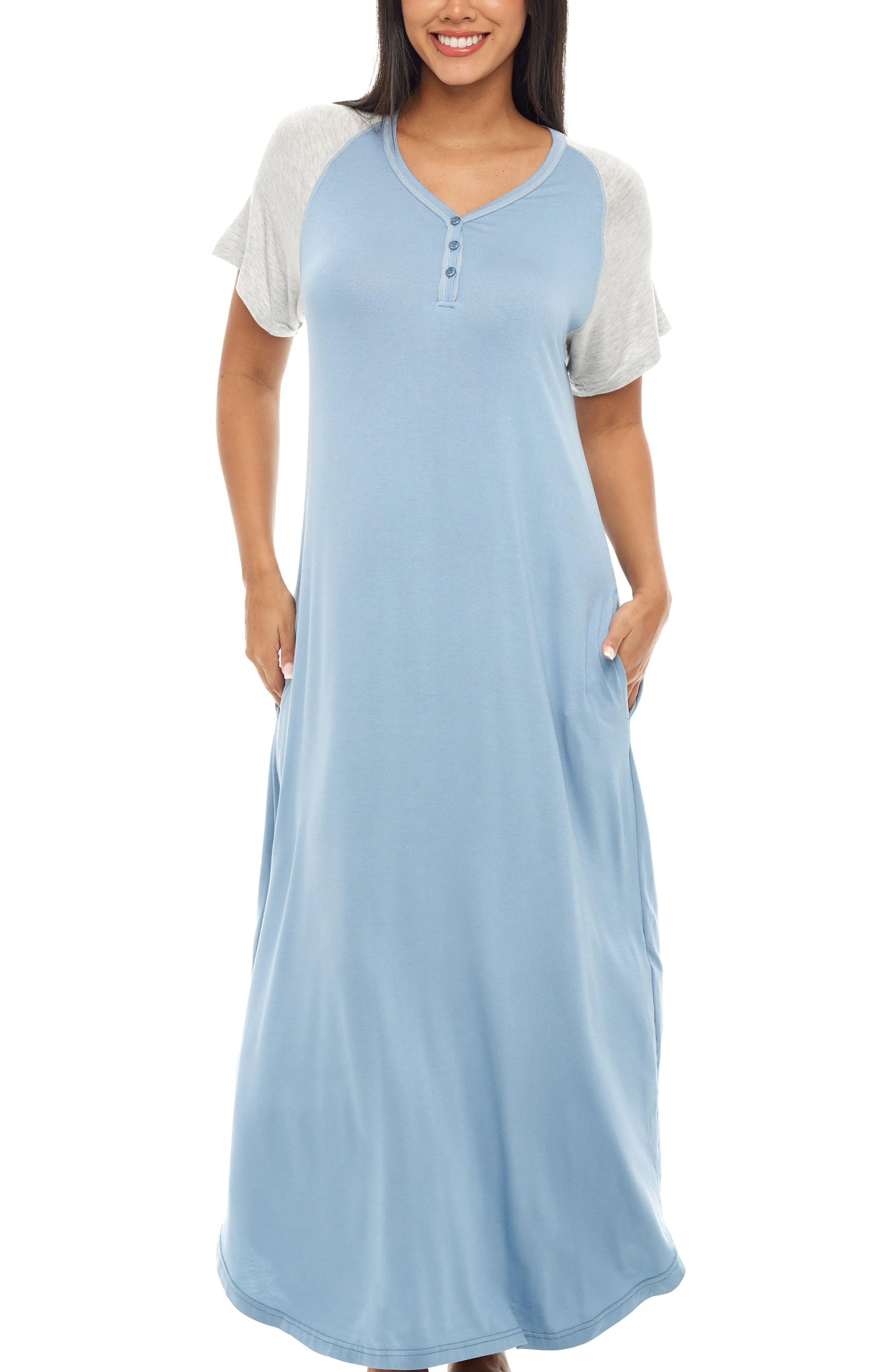 Women's Knit Short Sleeve Nightgown with Pockets, Lightweight Sleep Shirt, Long Sleeve Nightshirt