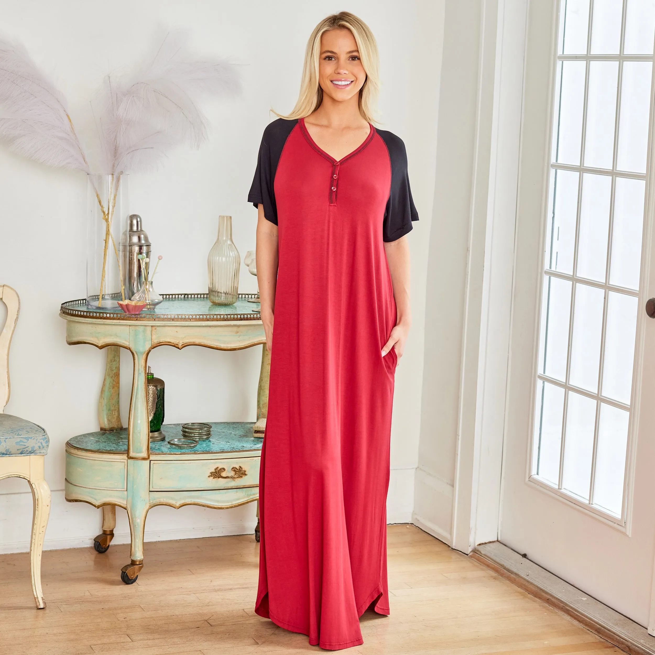 Women's Knit Short Sleeve Nightgown with Pockets, Lightweight Sleep Shirt, Long Sleeve Nightshirt