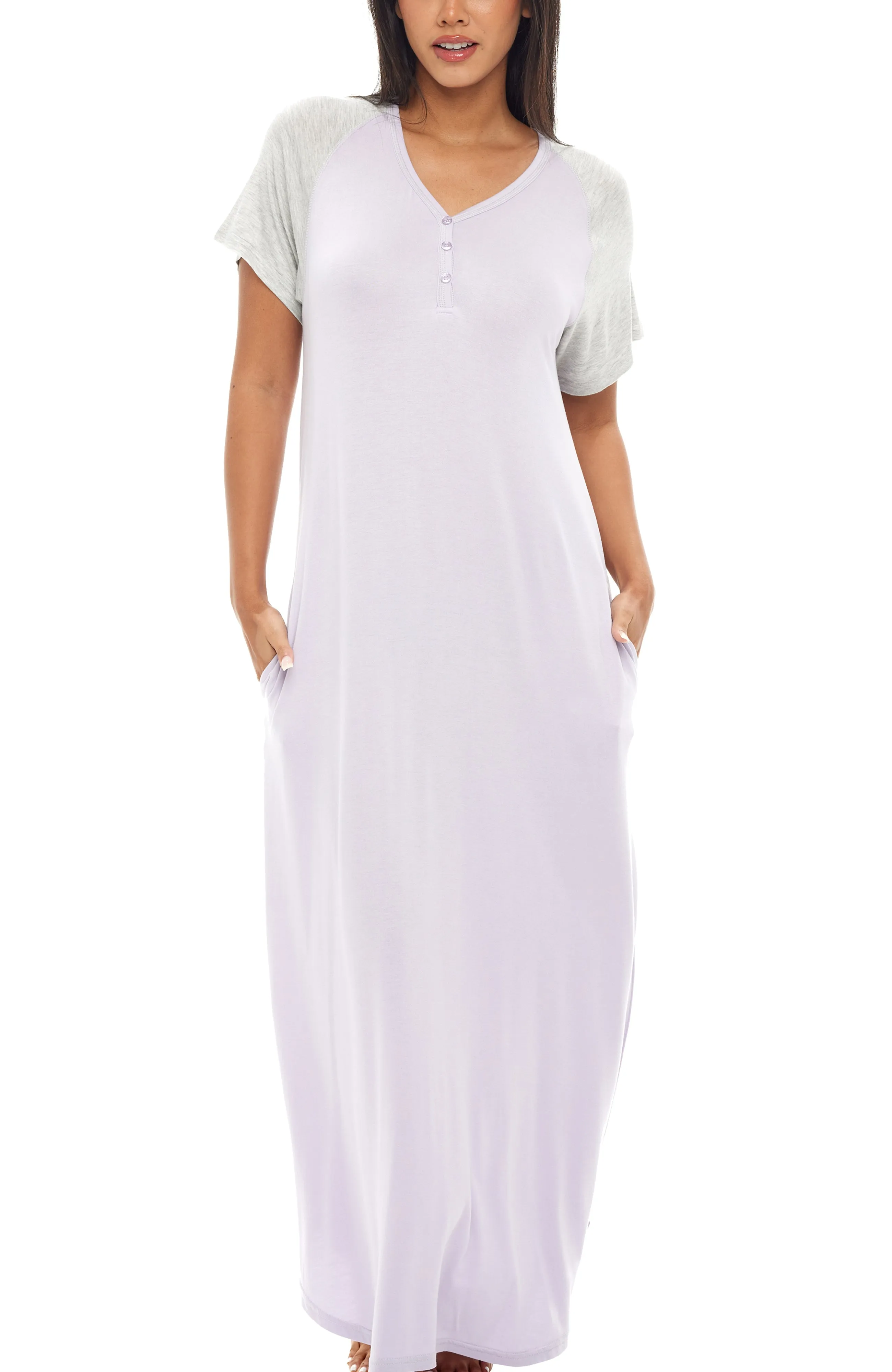 Women's Knit Short Sleeve Nightgown with Pockets, Lightweight Sleep Shirt, Long Sleeve Nightshirt