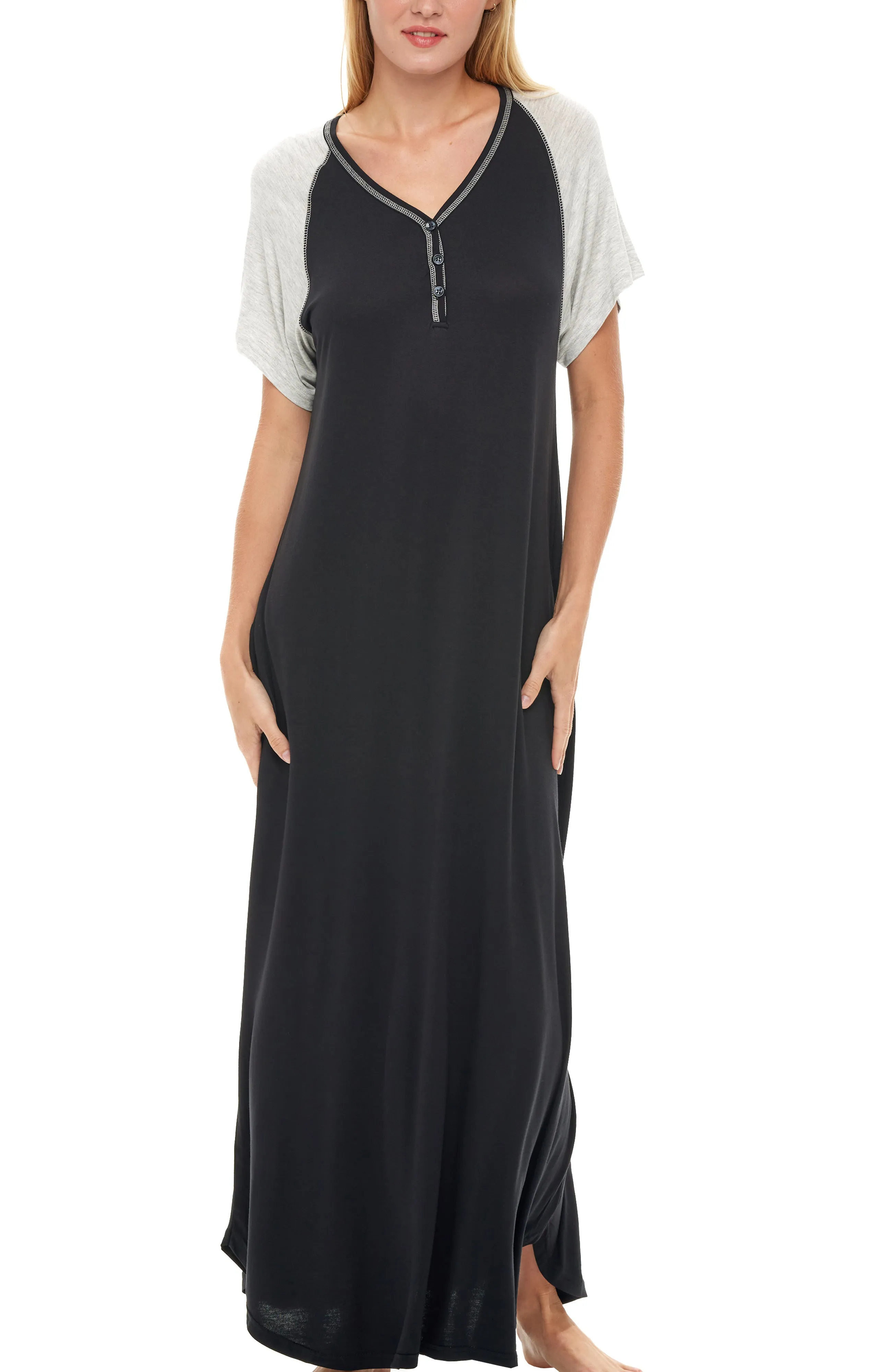 Women's Knit Short Sleeve Nightgown with Pockets, Lightweight Sleep Shirt, Long Sleeve Nightshirt