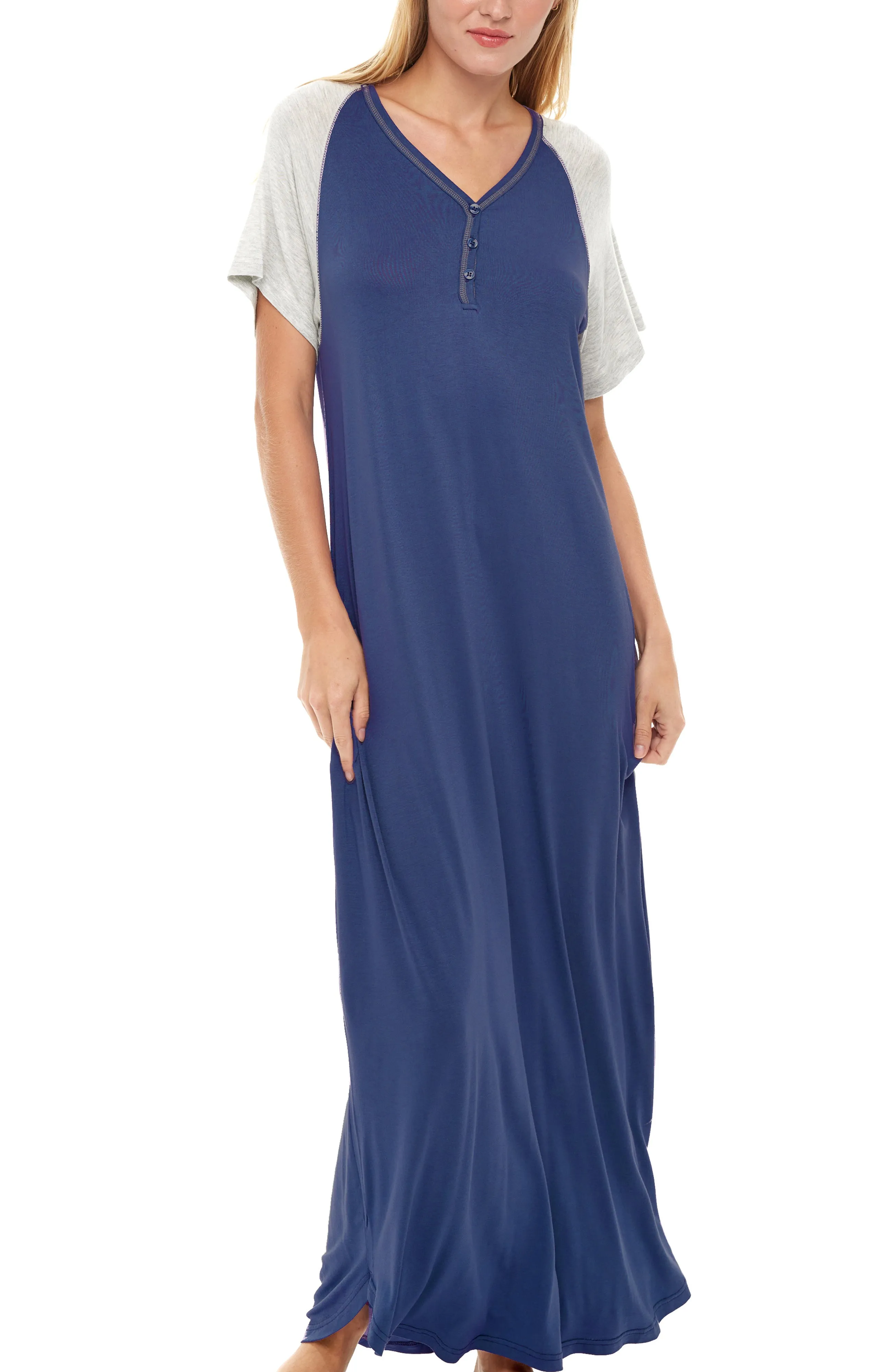 Women's Knit Short Sleeve Nightgown with Pockets, Lightweight Sleep Shirt, Long Sleeve Nightshirt