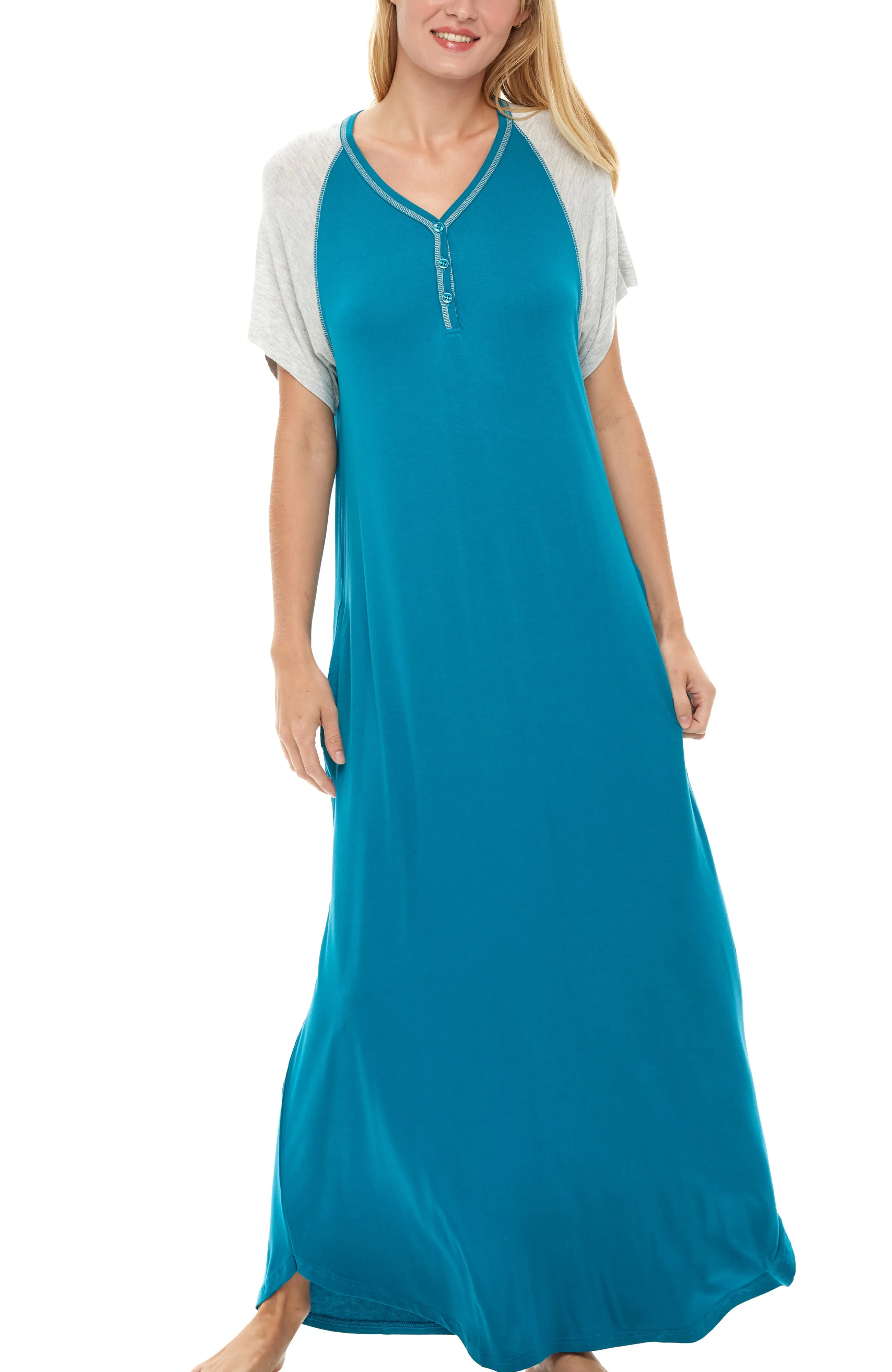 Women's Knit Short Sleeve Nightgown with Pockets, Lightweight Sleep Shirt, Long Sleeve Nightshirt