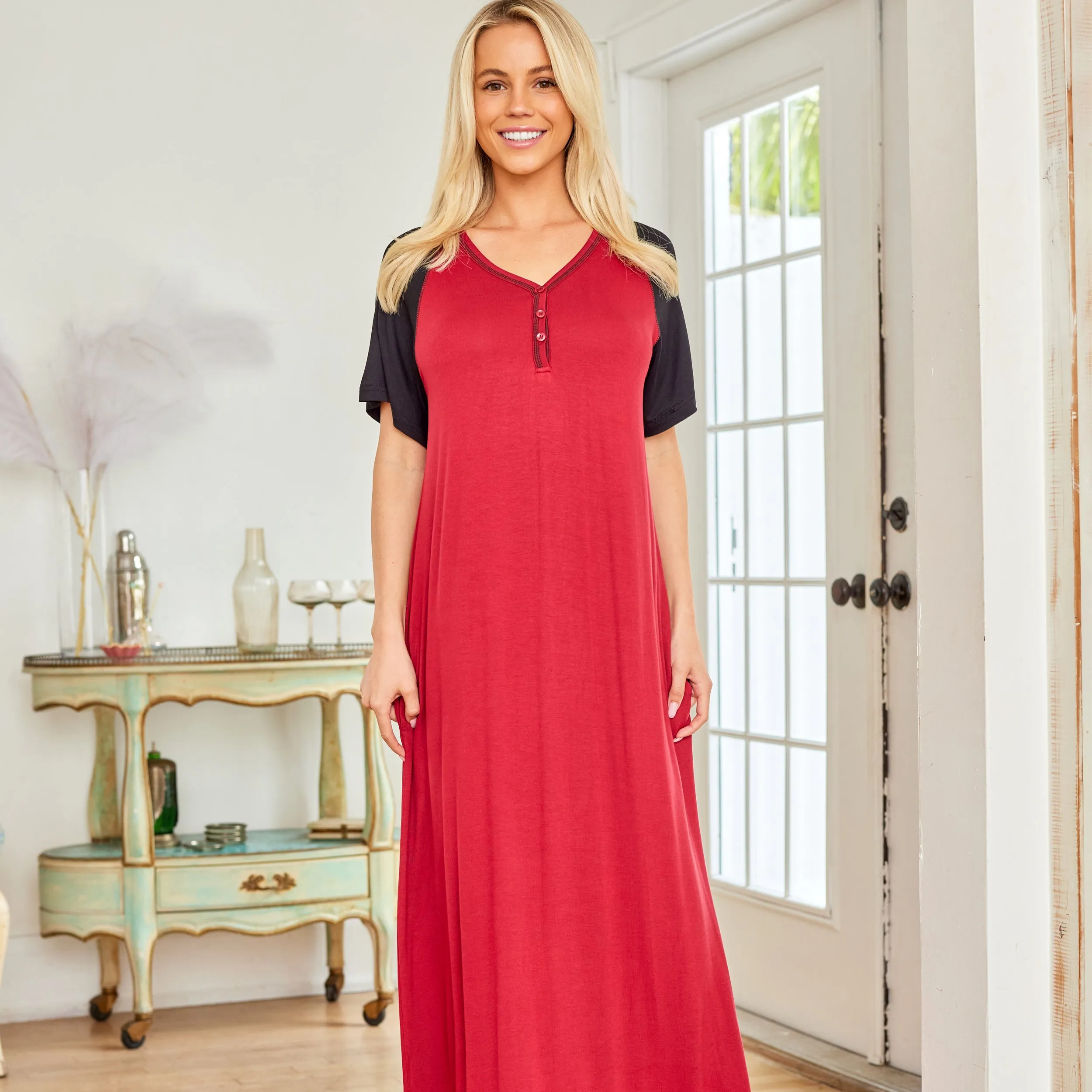 Women's Knit Short Sleeve Nightgown with Pockets, Lightweight Sleep Shirt, Long Sleeve Nightshirt